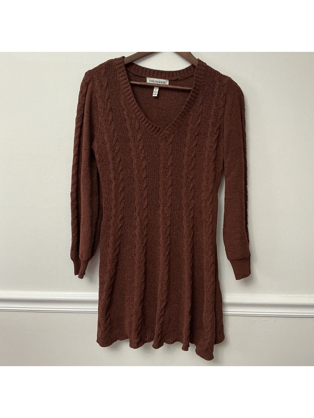 Harlow & Rose Brown Cable Knit Sweater Dress Size Large V-Neck